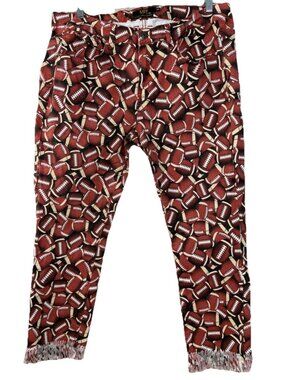 Lucky & Blessed Sz 18 (Actual 38x25) All Over Football Print Raw Hem Jeans EUC